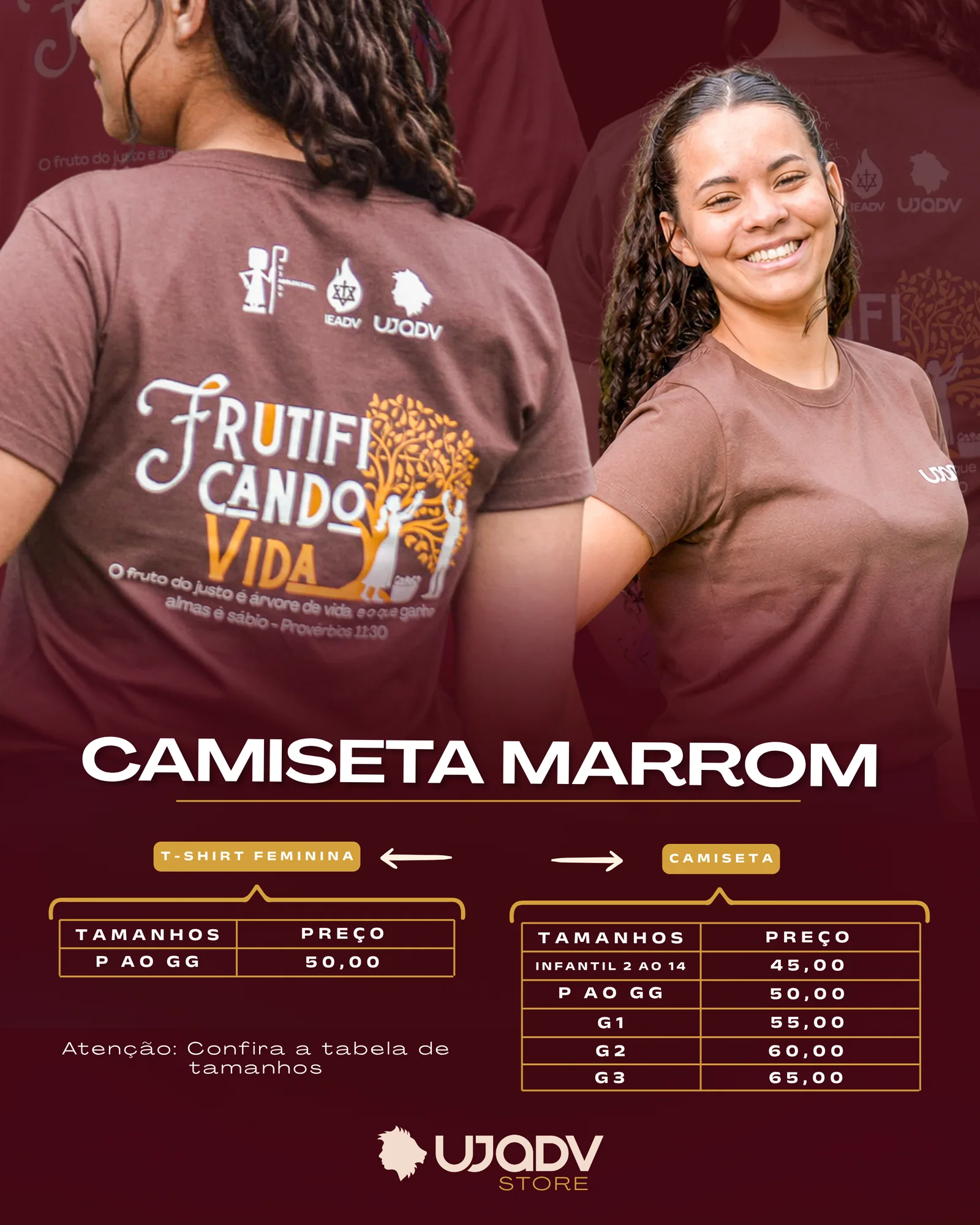 Camiseta marrom UJADV EBJ 2026 com tabela de preços