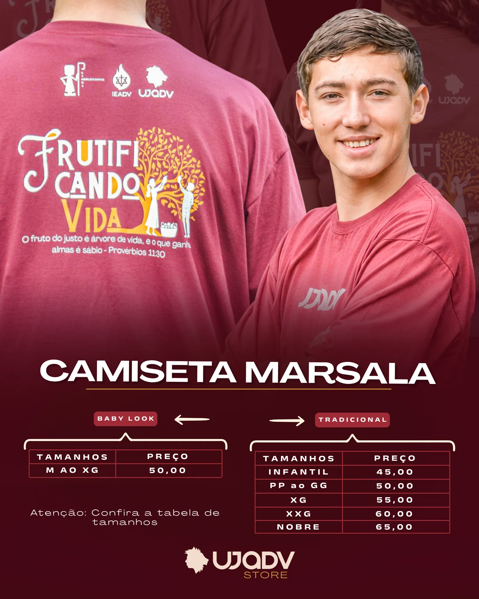 Camiseta marsala UJADV EBJ 2026 com tabela de preços