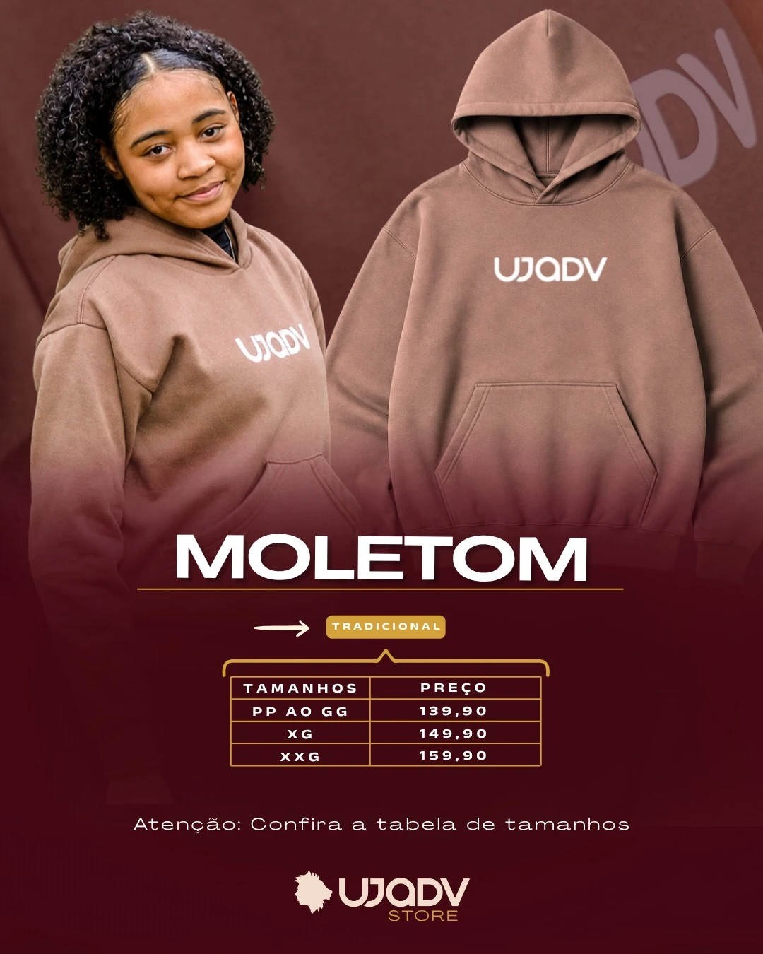 Moletom marrom UJADV com tabela de preços